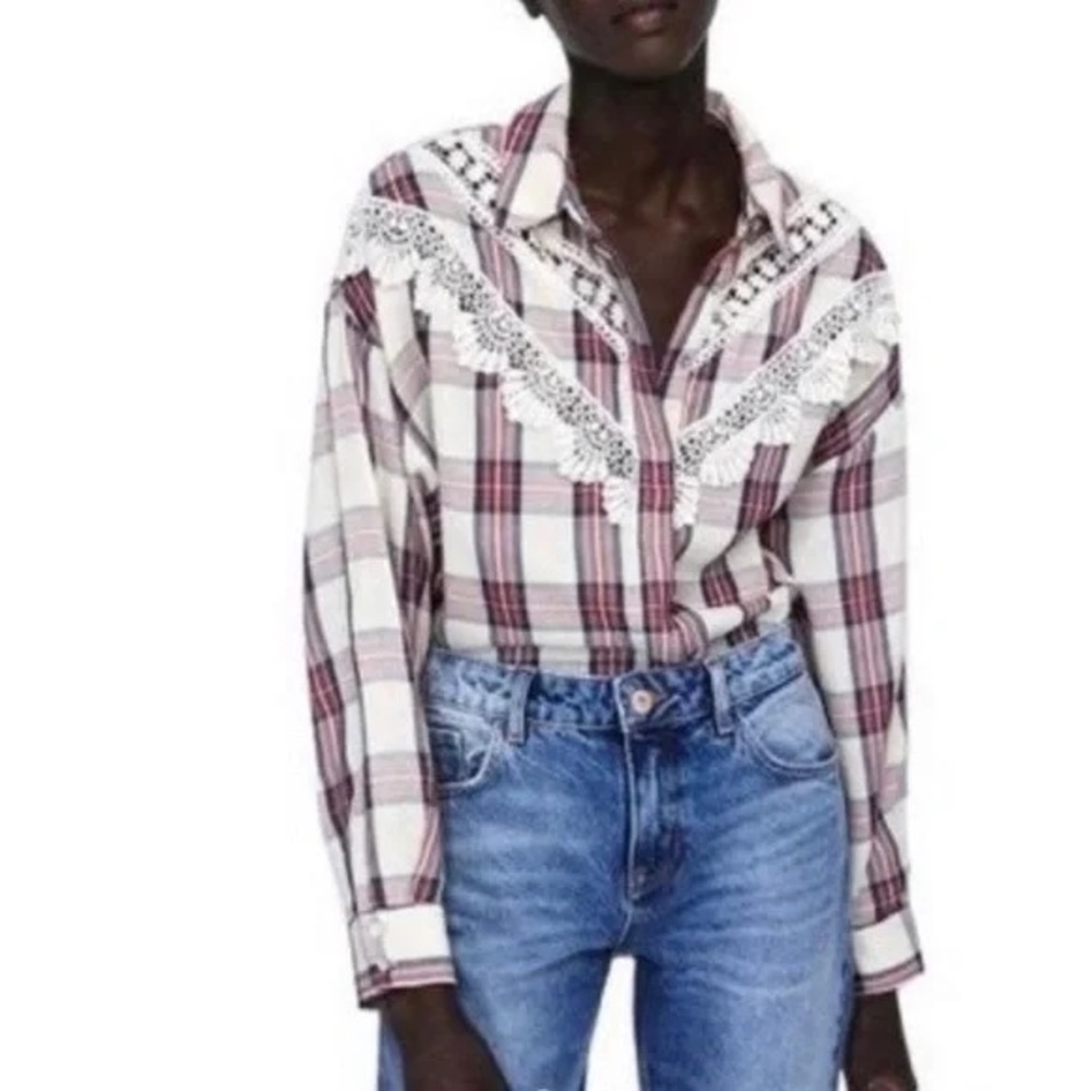 Zara Red and White Plaid Lace Button Down Shirt